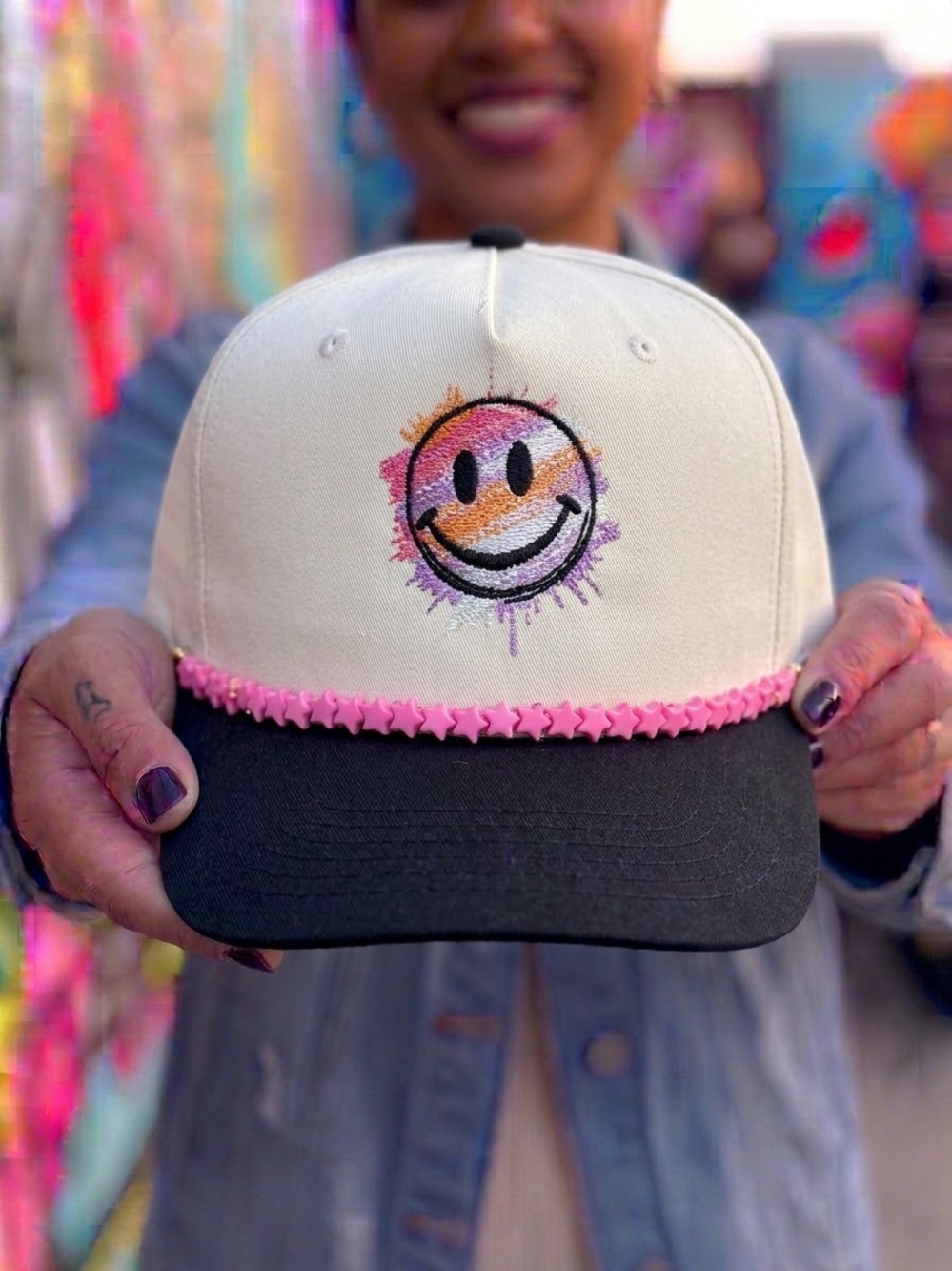 Smiley Baseball Cap with Pink Trim